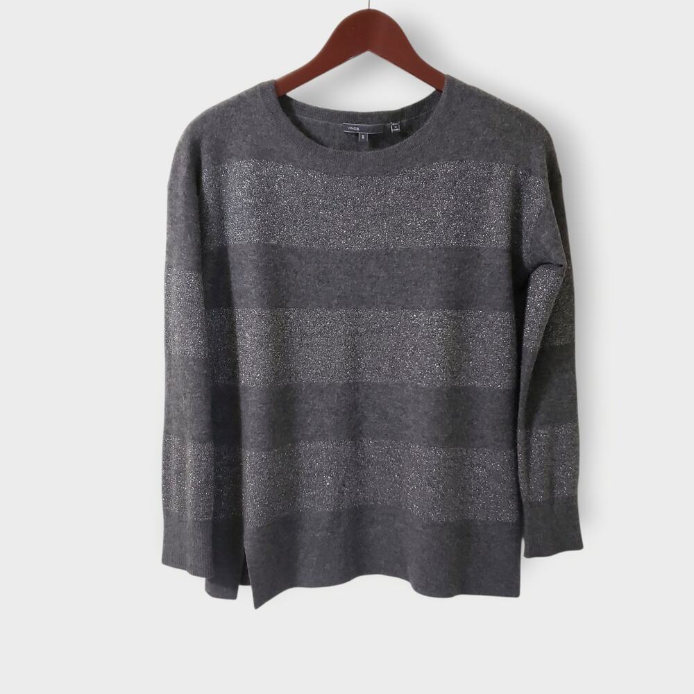 Vince Cashmere Metallic Stripe Crewneck Sweater Grey Sz Small Minimalist Shiny